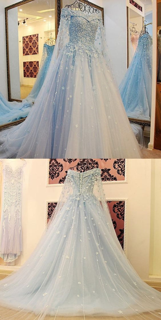 High Quality Charming Blue Off the Shoulder Applique Lace Wedding Dresses with Long Train,220038