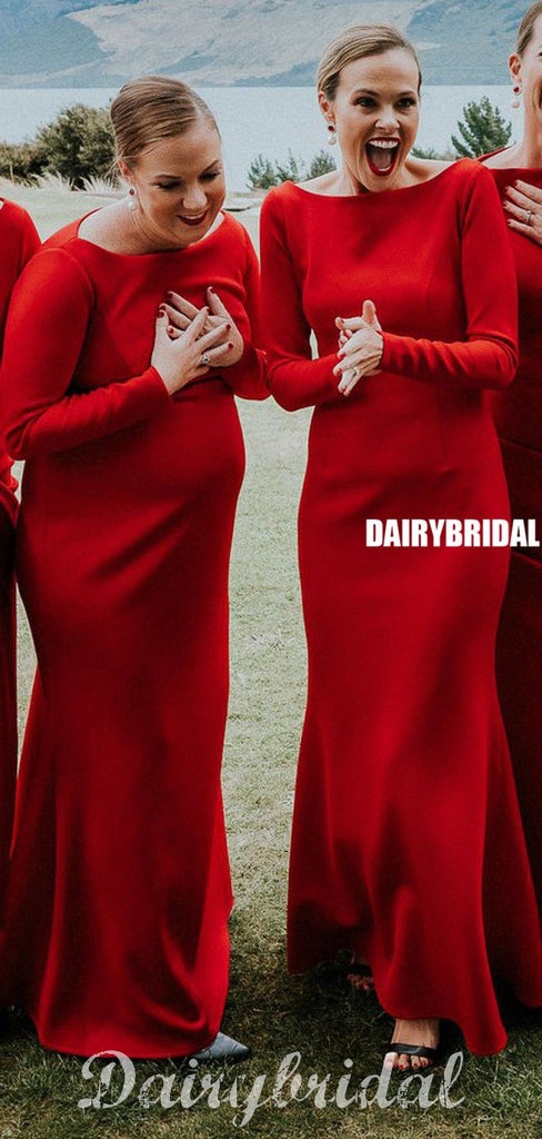 Gorgeous Long Sleeve Mermaid Red Long Bridesmaid Dress, FC4699