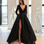 Black Vintage A-Line Velvet Satin Sexy Slit V-neck Long Sleeve Dresses, FC2179