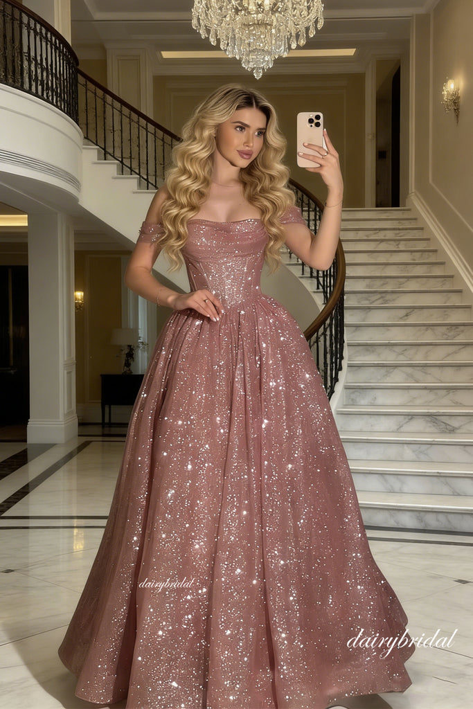 Gorgeous Off Shoulder Rose Gold Sparkle Long Prom Dresses, DB105