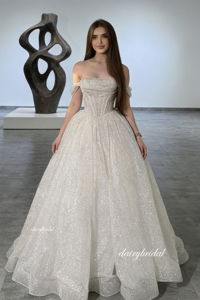 New Sparkle A-line Off Shoulder White Backless Prom Dresses, DB107