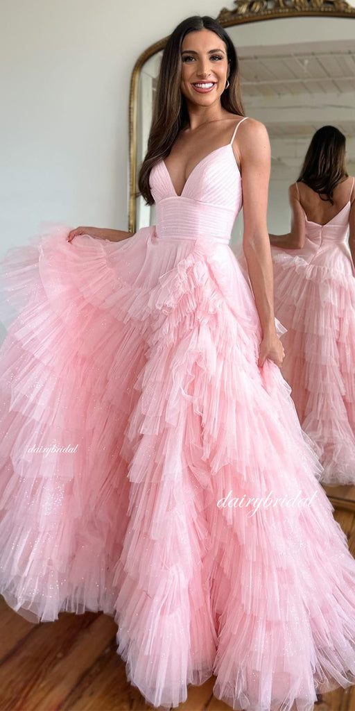 Elegant Pink V-neck Backless Tulle A-line Prom Dresses, FC7030