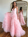 Elegant Pink V-neck Backless Tulle A-line Prom Dresses, FC7030