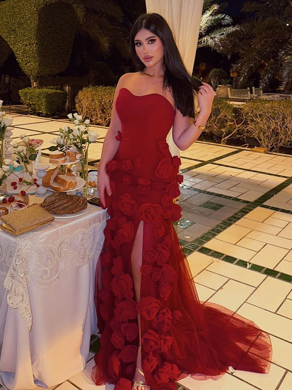 Gorgeous Red Mermaid Roses Slit Backless Long Prom Dresses, FC7032 – Dairy Bridal Gorgeous Red Mermaid Roses Slit Backless Long Prom Dresses, FC7032 – Dairy Bridal