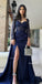 Long-Sleeves Navy Blue A-line Sparkle Satin Long Prom Dresses, FC7033