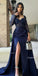 Long-Sleeves Navy Blue A-line Sparkle Satin Long Prom Dresses, FC7033