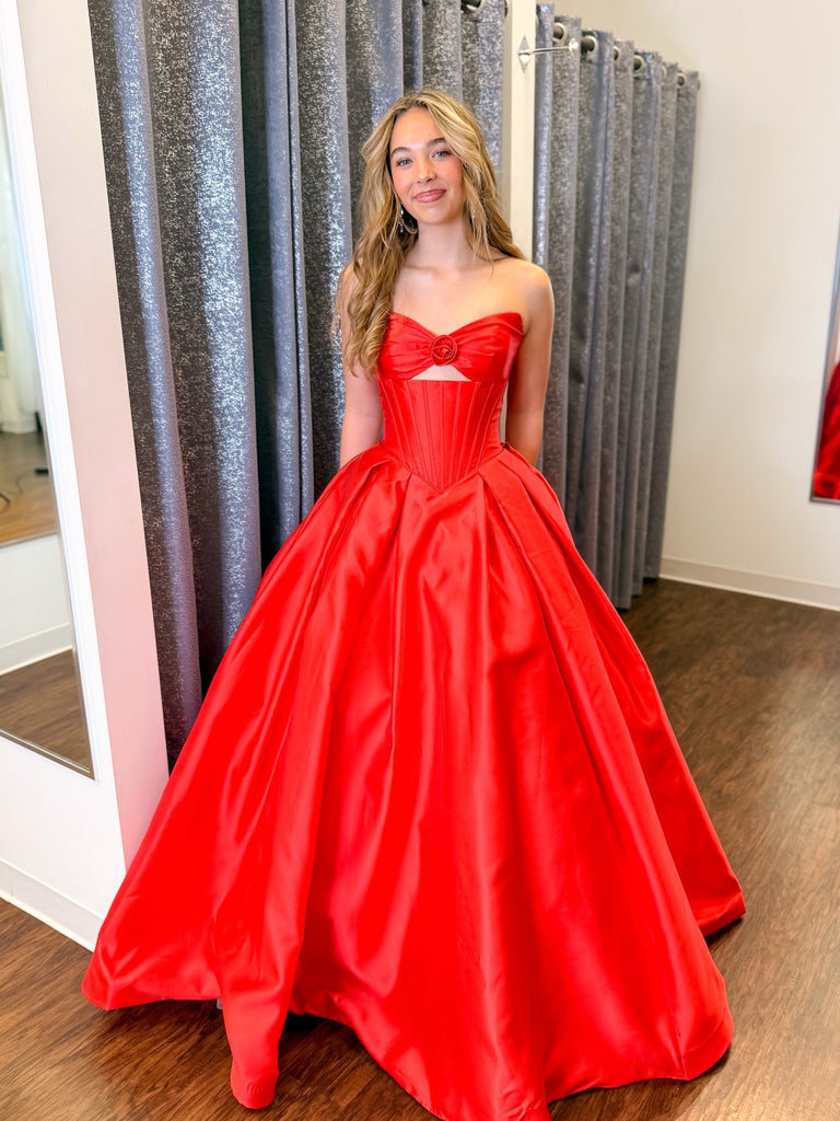 Red Sleeveless Satin Charming Long Prom Dresses, DB104