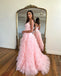 Elegant Pink V-neck Backless Tulle A-line Prom Dresses, FC7030