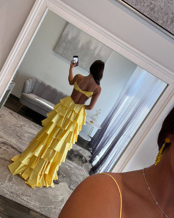 Yellow Spaghetti Straps V-neck A-line Long Prom Dresses, FC7039