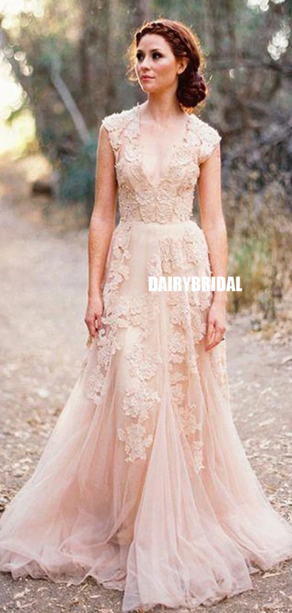 Charming Pink Lace Sexy V-neck Long Sheath Tulle Wedding Party Dresses Dairy Bridal Charming Pink Lace Sexy V-neck Long Sheath Tulle Wedding Party Dresses Dairy Bridal