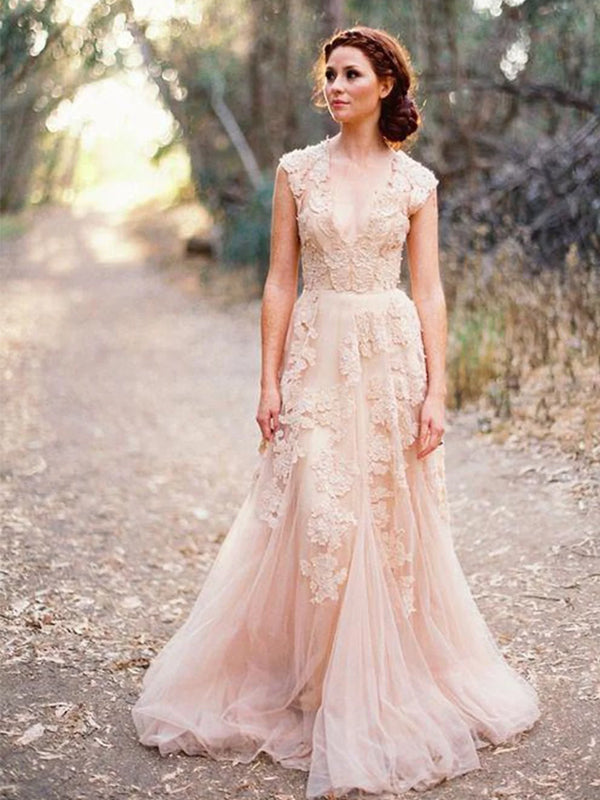 Charming Pink Lace Sexy V-neck Long Sheath Tulle Wedding Party Dresses, WD0139 Charming Pink Lace Sexy V-neck Long Sheath Tulle Wedding Party Dresses, WD0139