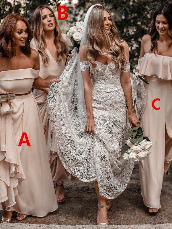 Cheap Mismatched Chiffon Bridesmaid Dress, Backless Floor-Length A-Line Bridesmaid Dress, D1043