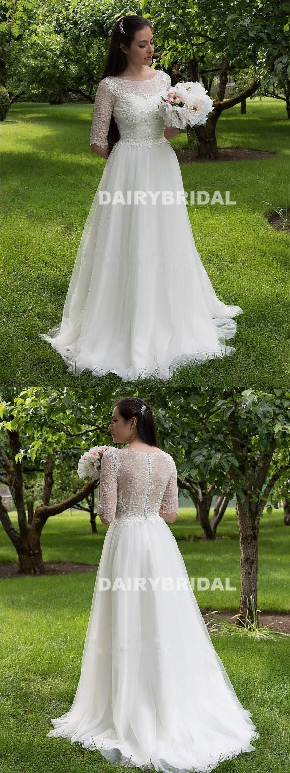 Vintage Lace Top Long Wedding Dress, Half Sleesve Tulle Cheap A-Line W Dairy Bridal Vintage Lace Top Long Wedding Dress, Half Sleesve Tulle Cheap A-Line W Dairy Bridal
