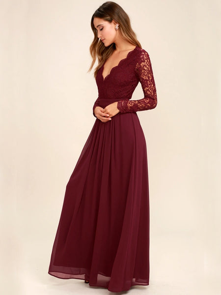 Inexpensive Long Sleeve Burgundy V-Neck Lace Opren-Back Bridesmaid Dre Dairy Bridal Inexpensive Long Sleeve Burgundy V-Neck Lace Opren-Back Bridesmaid Dre Dairy Bridal