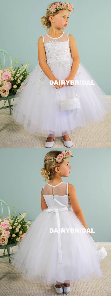 Cute Tulle A-Line Flower Girl Dresses, Applique Flower Lovely Little Girl Dresses, D1143