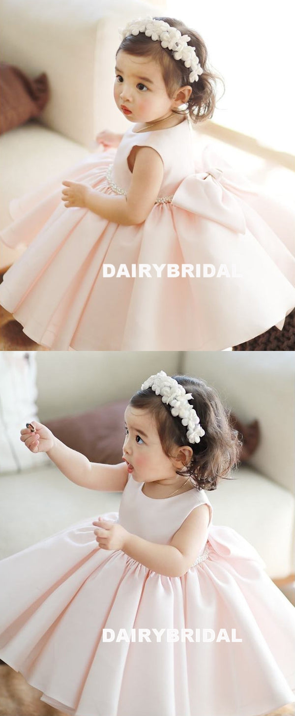 light pink childrens bridesmaid dresses Cute Baby Girl Pink Flower Girl Wedding Puff Sleeve Bow Dress Toddler First Communion Dress