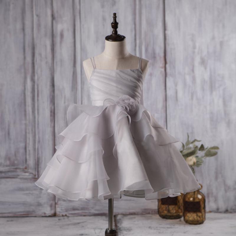 Cute Light Grey Organza Bustled Flower Little Girl Dresses, Cheap Flow Dairy Bridal Cute Light Grey Organza Bustled Flower Little Girl Dresses, Cheap Flow Dairy Bridal