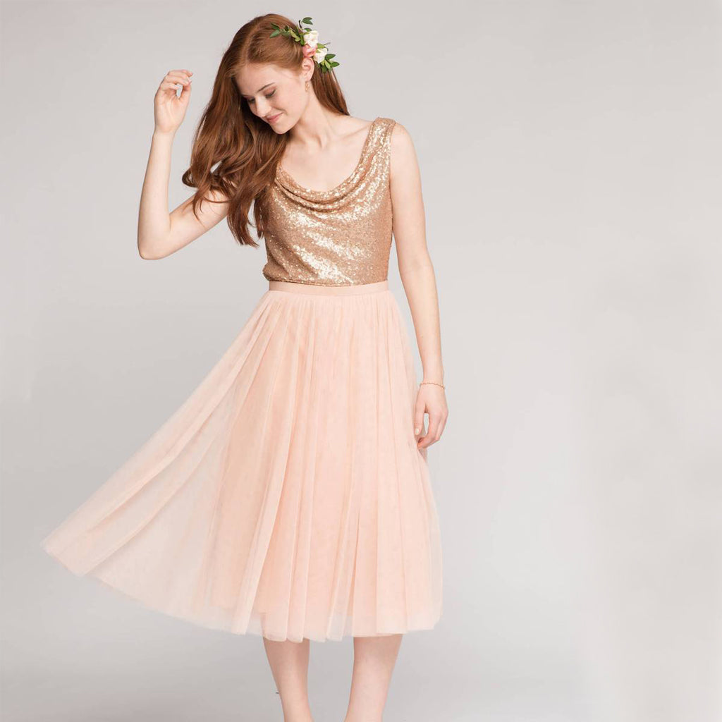 Sparkle Sequin Top Bridesmaid Dress, A-Line Tulle Tea-Length Cheap Bridesmaid Dress, D1236