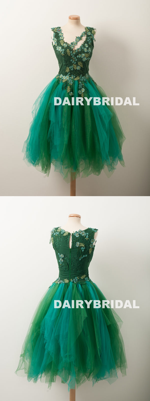 Forest Green A-Line Beaded Homecoming Dress, Tulle Sleeveless Applique Dairy Bridal Forest Green A-Line Beaded Homecoming Dress, Tulle Sleeveless Applique Dairy Bridal