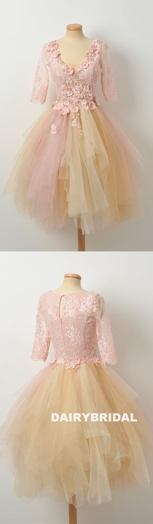 Pink A-Line Beaded Homecoming Dress, Short Sleeve Applique Tulle Homecoming Dress, D1316