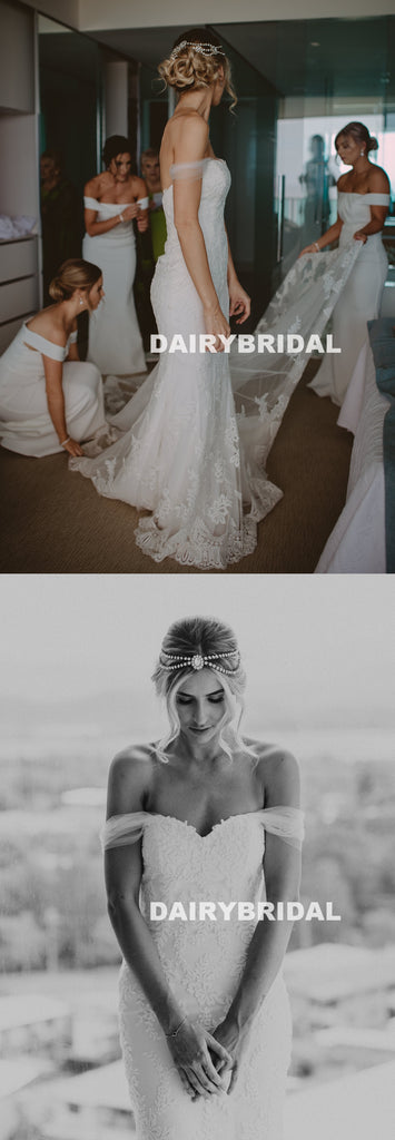 Off Shoulder Tulle Mermaid Wedding Dress, Charming Backless Lace Bridal Dress, D1331