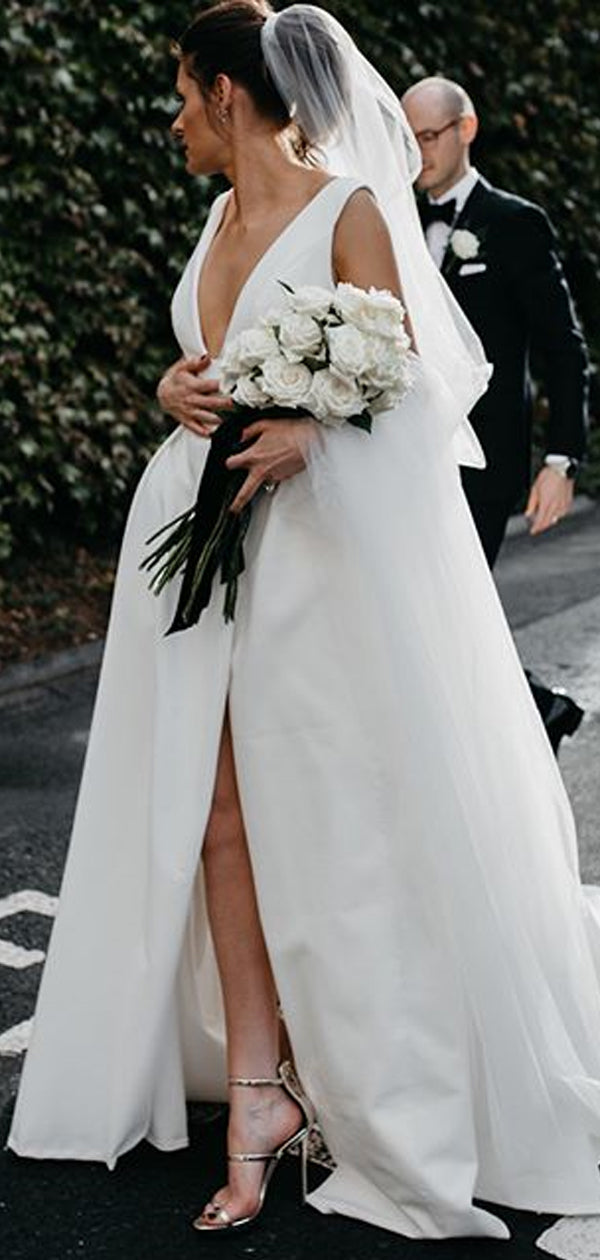 satin wedding dress v neck A-Line Long Sleeves Satin Wedding Dresses with V Neck Diamond White / 16