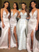 Sexy Deep V-neck Backless Bridesmaid Dress, Spaghetti Straps Mermaid Slit  Bridesmaid Dress, D1351