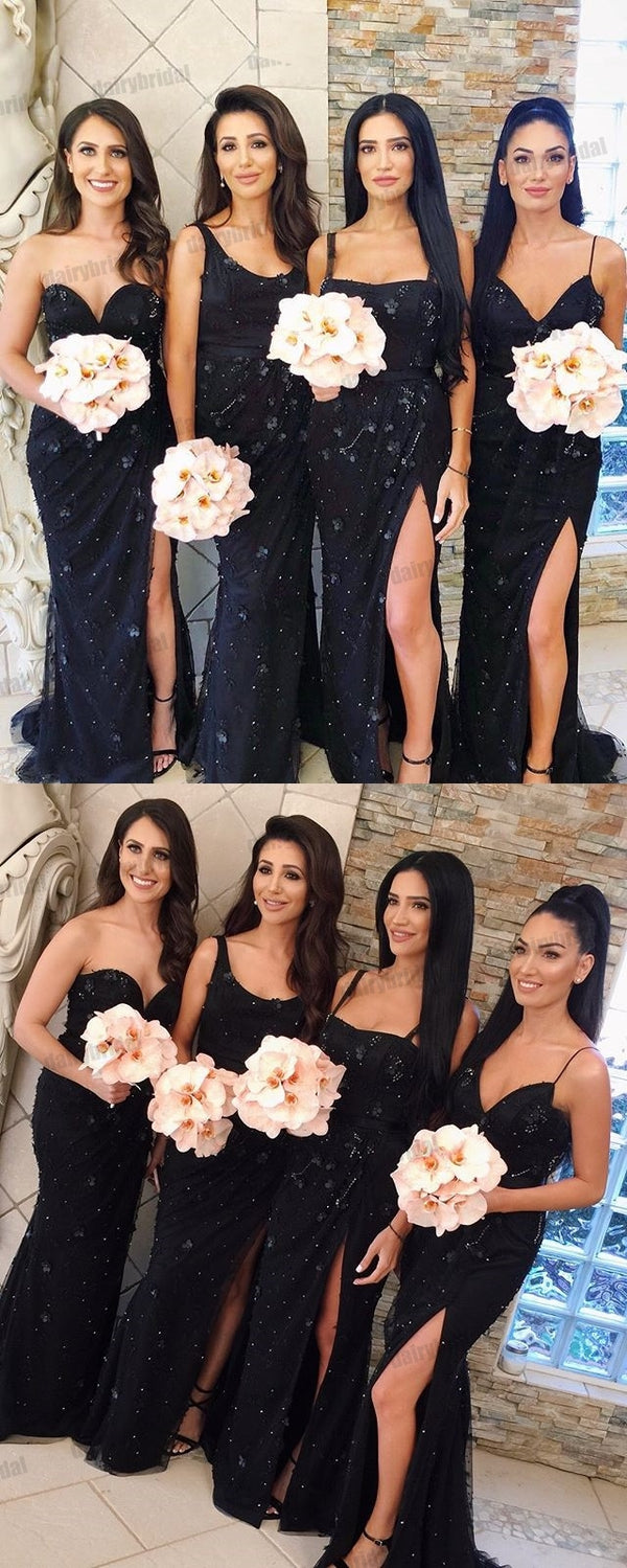 black sparkly bridesmaid dresses Mermaid Satin Sleeveless Long Dress with Slit BD144 US8 / Black A perfect choice for bridesmaids seeking elegance and comfort. Black Mermaid Bridesmaid Dress Long