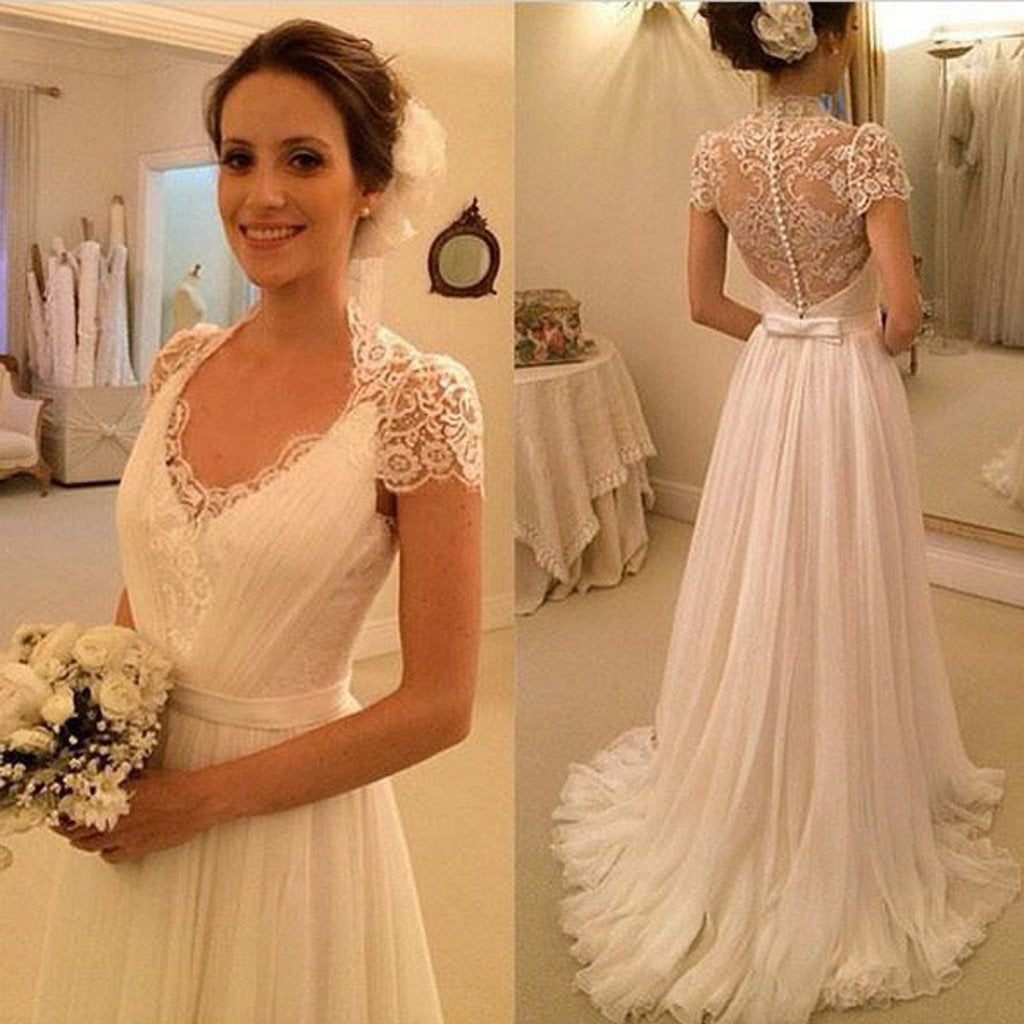 Elegant Cap Sleeve See Through Lace Top Sheath Cheap Wedding Dresses, WD0137