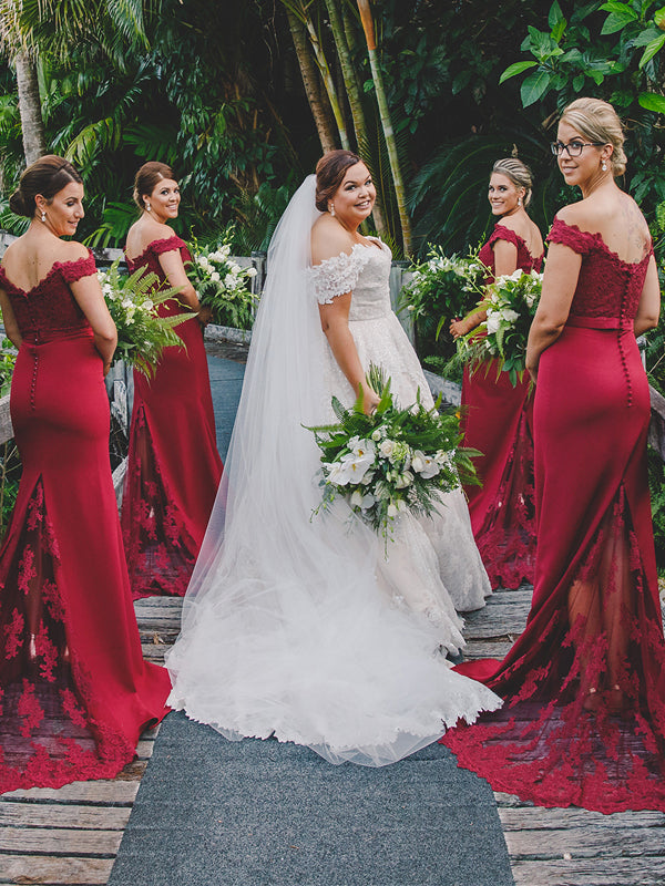 Newest Off Shoulder Lace Bridesmaid Dress, Red Backless Mermaid Sexy B Dairy Bridal Newest Off Shoulder Lace Bridesmaid Dress, Red Backless Mermaid Sexy B Dairy Bridal