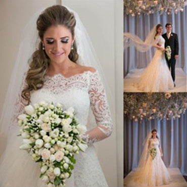 Gorgeous Off Shoulder Sweetheart Zip Up Long A-line Lace Wedding Dresses, WD0148