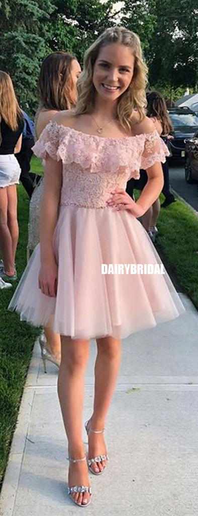 Charming Off Shoulder Lace Top A-line Tulle Homecoming Dress, FC1465