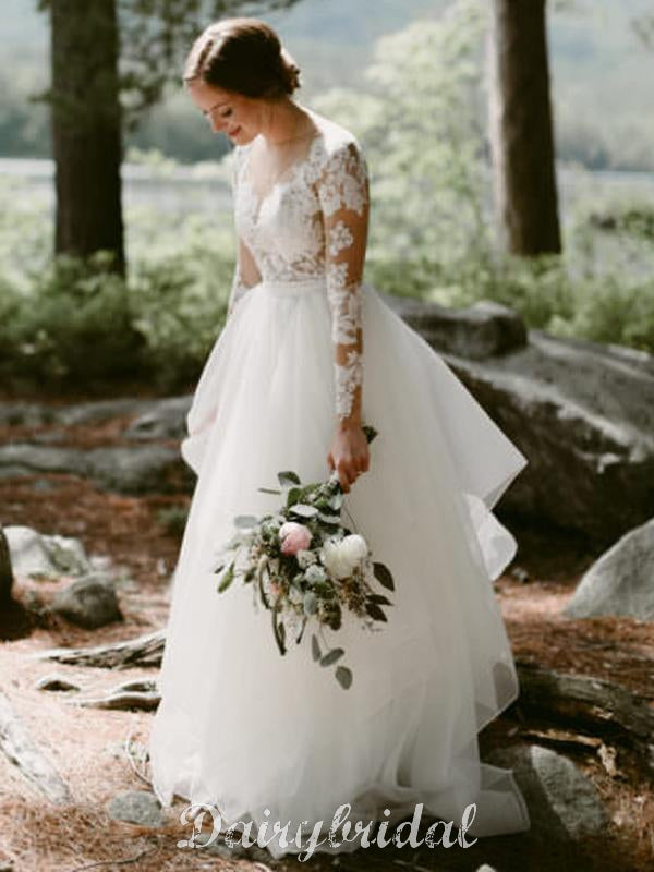 Charming Long Sleeve Lace Open-Back Wedding Dress with Detachable Chiffon Skirt, FC1480