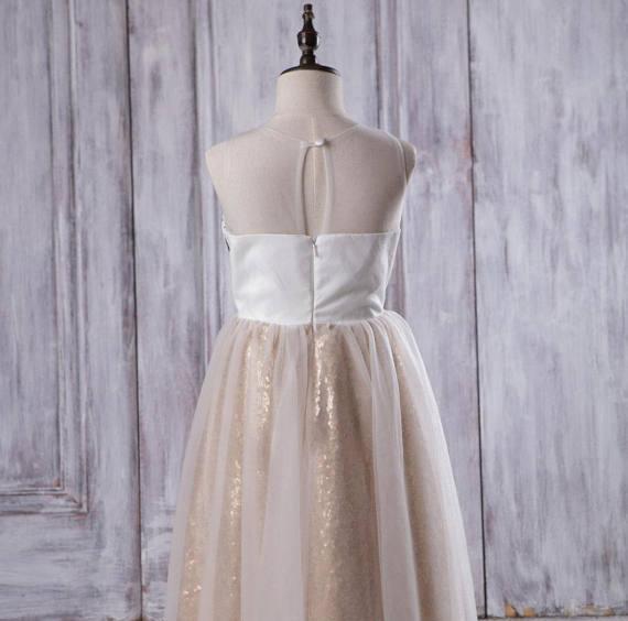 Illusion Ivory Lace Tulle Flower Girl Dresses With Gold Sequin Skirt, Dairy Bridal Illusion Ivory Lace Tulle Flower Girl Dresses With Gold Sequin Skirt, Dairy Bridal
