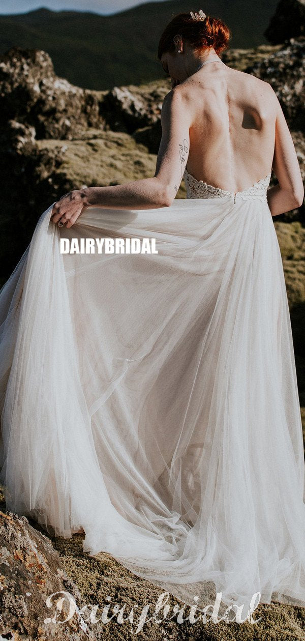 Halter Lace Top A-Line Backless Tulle Cheap Beach Wedding Dress, FC164 Dairy Bridal Halter Lace Top A-Line Backless Tulle Cheap Beach Wedding Dress, FC164 Dairy Bridal