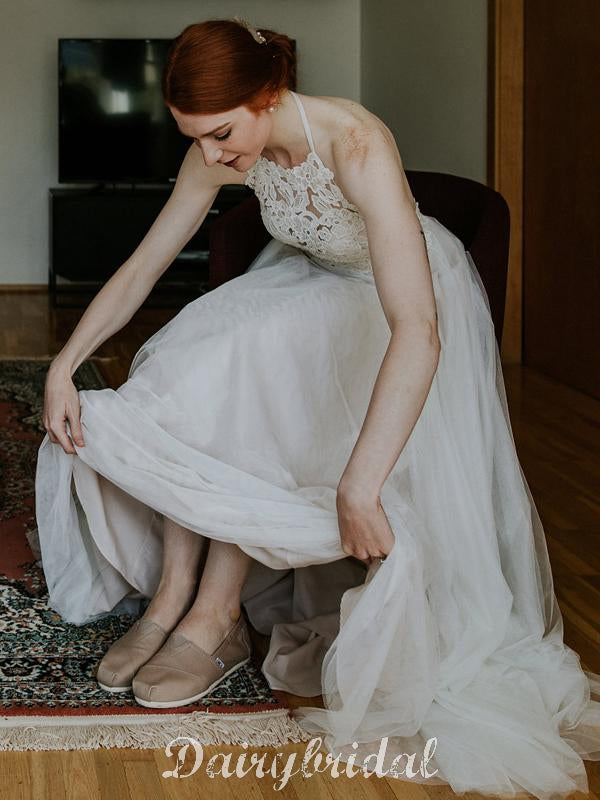 Halter Lace Top A-Line Backless Tulle Cheap Beach Wedding Dress, FC164 Dairy Bridal Halter Lace Top A-Line Backless Tulle Cheap Beach Wedding Dress, FC164 Dairy Bridal