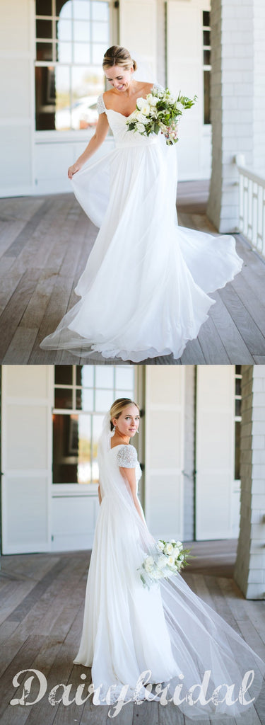 Honest A-Line Cap Sleeve Chiffon Cheap Beaded Wedding Dresses, FC1655