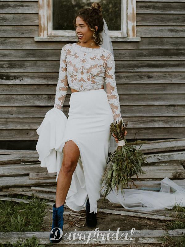 Unique Two Pieces Chiffon Sexy Slit Long Sleeve Lace Wedding Dresses, Dairy Bridal Unique Two Pieces Chiffon Sexy Slit Long Sleeve Lace Wedding Dresses, Dairy Bridal