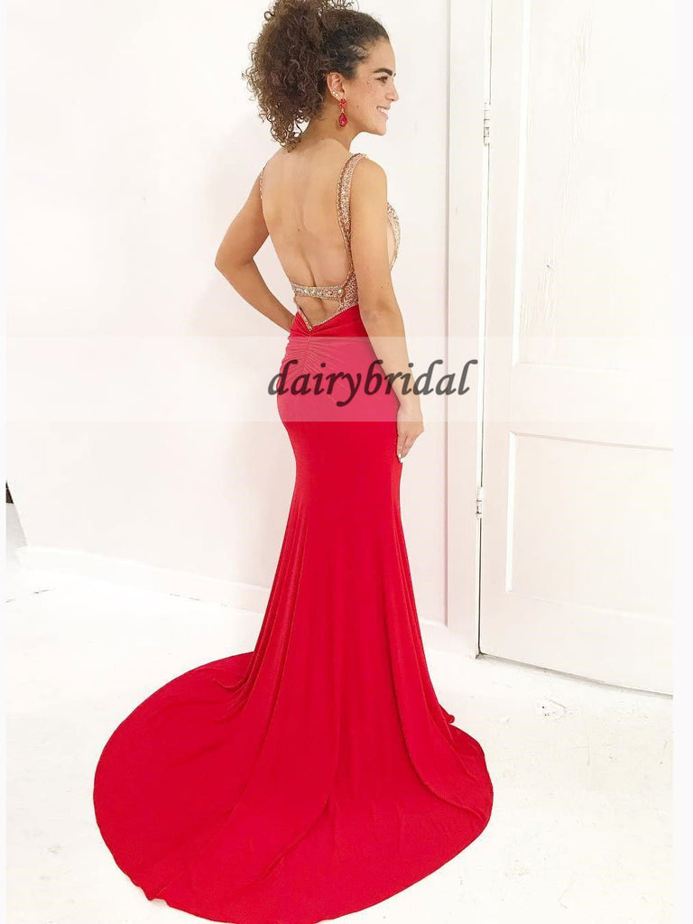 Mermaid Jersey Prom Dress, Sexy Beaded Red Prom Dress, Backless Tulle Prom Dress, D172