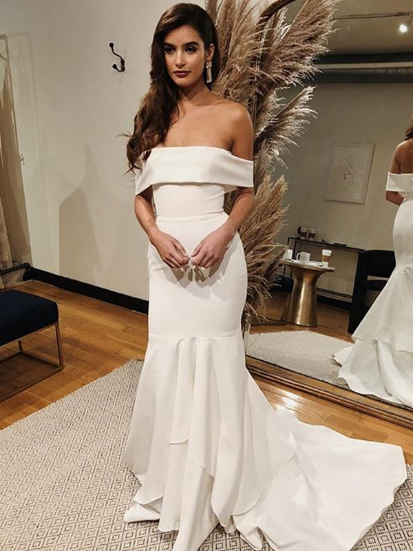 Elegant Off Shoulder Mermaid Simple Backless Satin Wedding Dresses, FC1731 Elegant Off Shoulder Mermaid Simple Backless Satin Wedding Dresses, FC1731