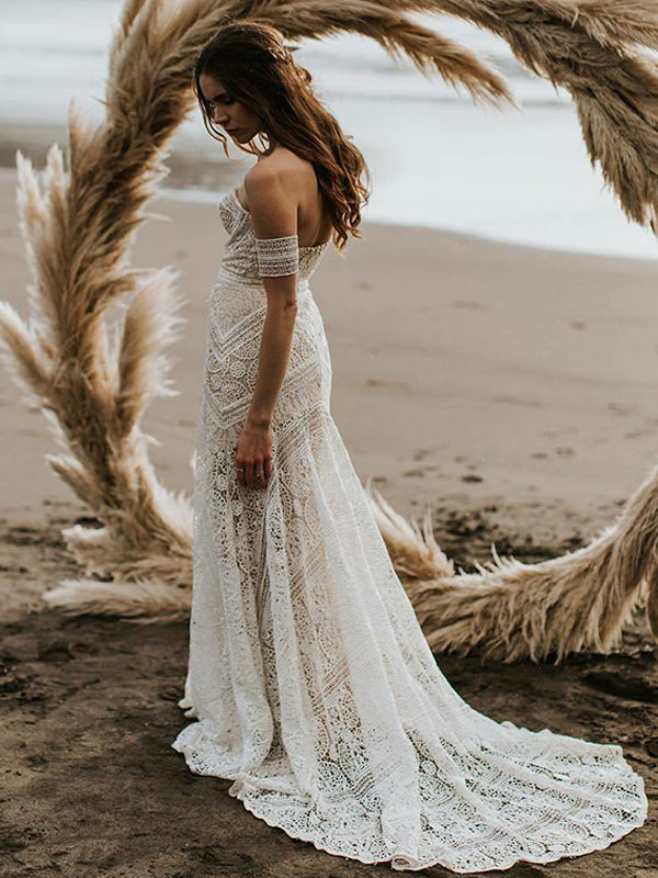 Sweetheart Backless Lace Sheath Unique Designed Long Wedding Dresses, Dairy Bridal Sweetheart Backless Lace Sheath Unique Designed Long Wedding Dresses, Dairy Bridal