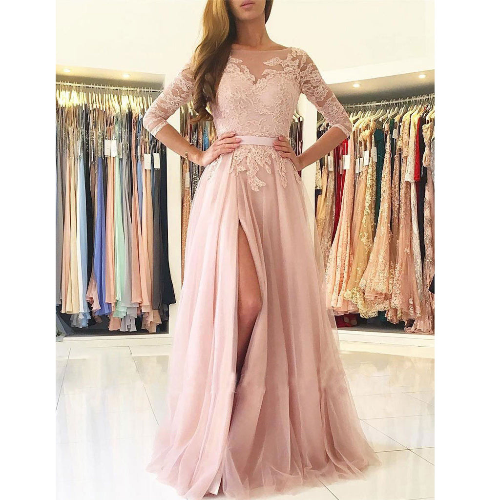 Long Sleeve Prom Dress, Backless Lace Prom Dress, Tulle Prom Dress, A- Dairy Bridal Long Sleeve Prom Dress, Backless Lace Prom Dress, Tulle Prom Dress, A- Dairy Bridal