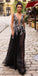 Black Deep V-Neck Tulle A-Line Lace Sleeveless Applique Prom Dresses, FC1799