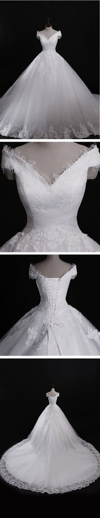 Classic Style Off Shoulder Lace Up Vantage Lace Wedding Dresses, WD0180