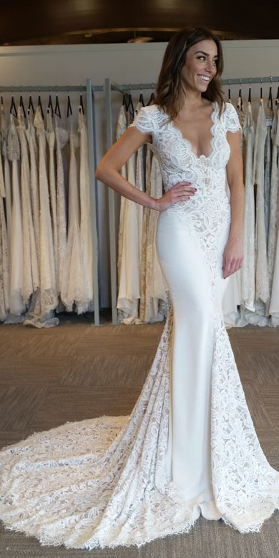 Sexy Mermaid Lace Short Sleeve Backless Wedding Dresses, FC1842 Dairy Bridal Sexy Mermaid Lace Short Sleeve Backless Wedding Dresses, FC1842 Dairy Bridal