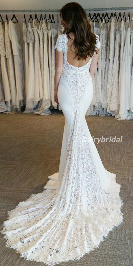 Sexy Mermaid Lace Short Sleeve Backless Wedding Dresses, FC1842 Sexy Mermaid Lace Short Sleeve Backless Wedding Dresses, FC1842