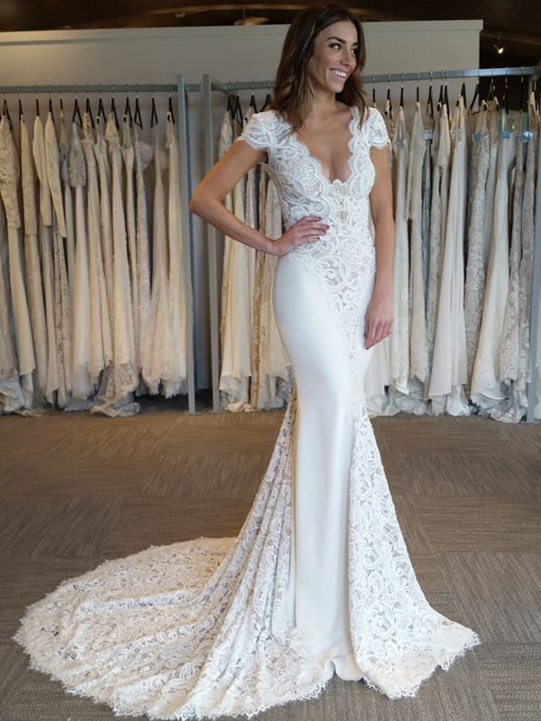 Sexy Mermaid Lace Short Sleeve Backless Wedding Dresses, FC1842 Dairy Bridal Sexy Mermaid Lace Short Sleeve Backless Wedding Dresses, FC1842 Dairy Bridal