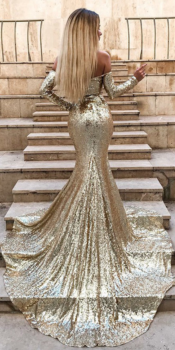 Sparkly Sequin Off Shoulder Sexy Slit Backless Mermaid Prom Dresses, F Dairy Bridal Sparkly Sequin Off Shoulder Sexy Slit Backless Mermaid Prom Dresses, F Dairy Bridal