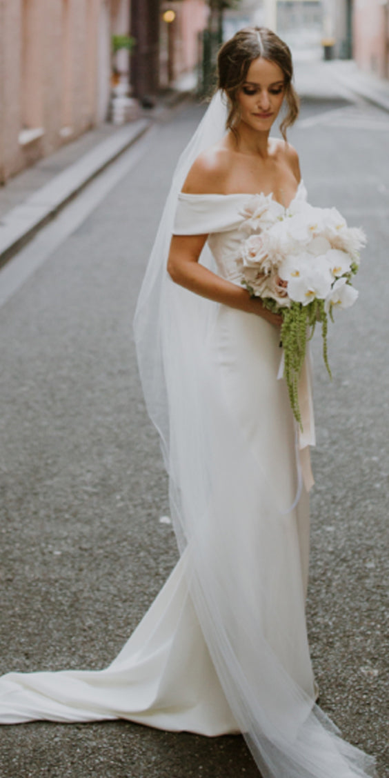 off the shoulder satin mermaid wedding dress White Satin Wedding Dresses Appliques Mermaid Off the Shoulder Prom Dress Custom Size / Same as Picture
