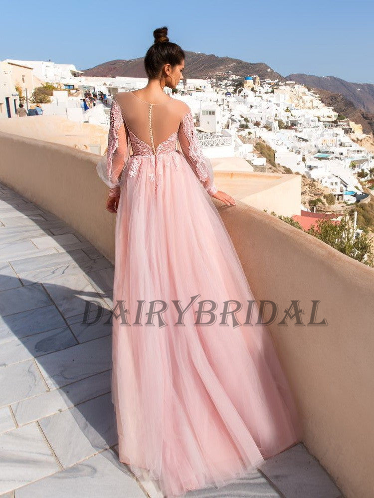 Long Sleeve Tulle Prom Dress, Pink A-Line Lace Prom Dress, Elegant Applique Prom Dress, D18